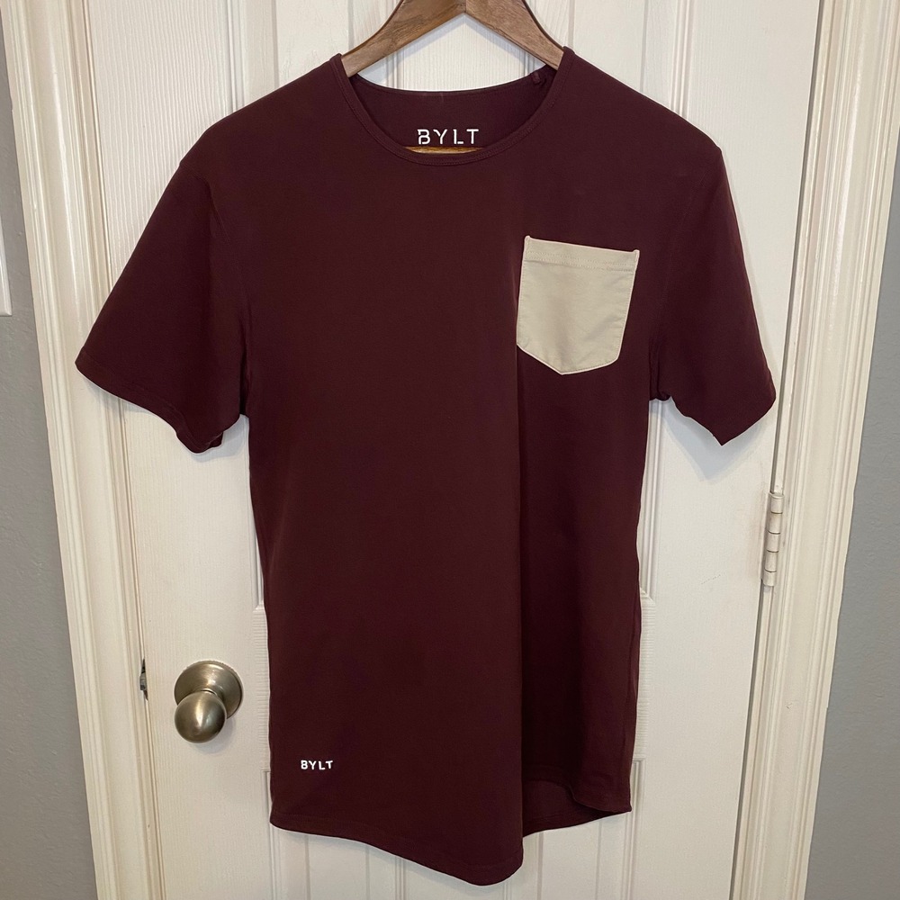 BYLT Basics Mens Drop Cut Lux Pocket T-Shirt Burgundy Maroon Short Sleeve Small
